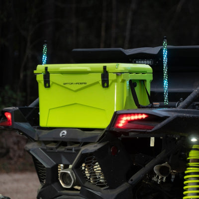 Lime 45qt Bounty Cooler sitting on the back of a side-by-side