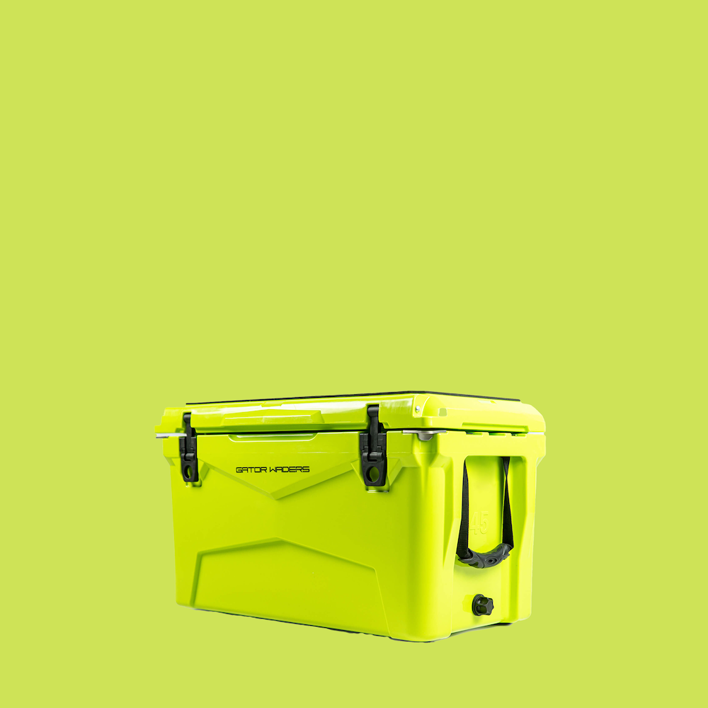 A lime green Bounty 45 quart hard cooler from Gator Waders sitting on a solid lime green background.