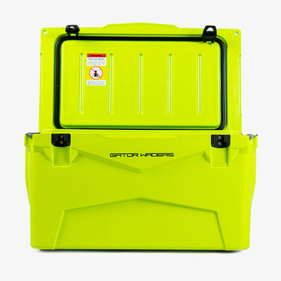 45 quart hard cooler in lime view - open lid front